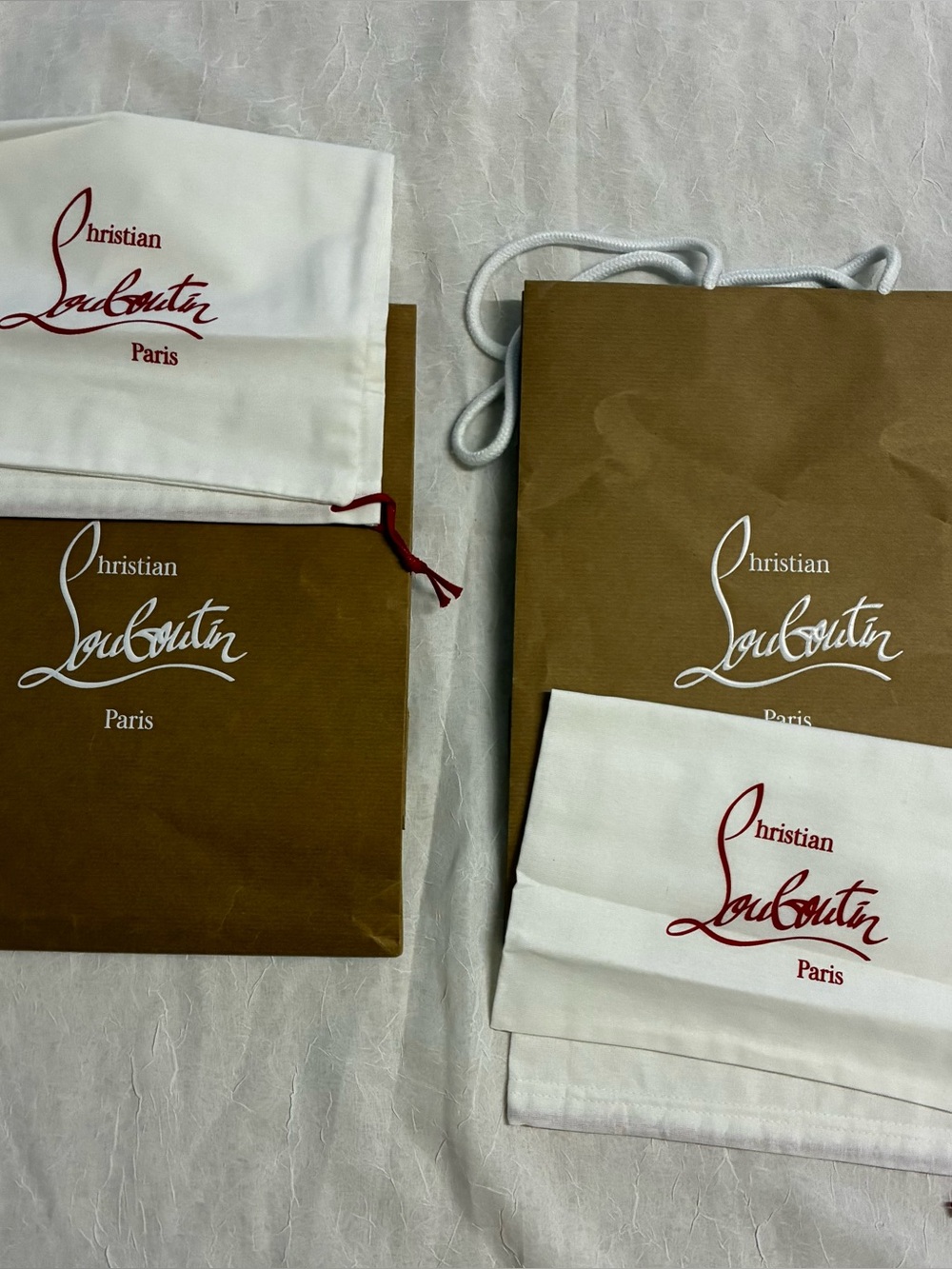 Set of 2 Christian Louboutin White Dust Bags with Red Logo and Brown Gift Bags
